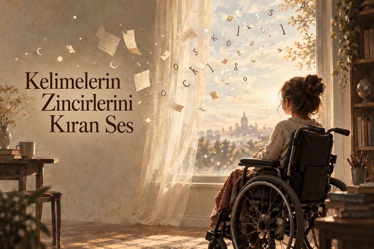 Kelimelerin Zincirlerini Kıran Ses: pencere önünde tekerlekli sandalyedeki çocuk ve uçuşan harfler